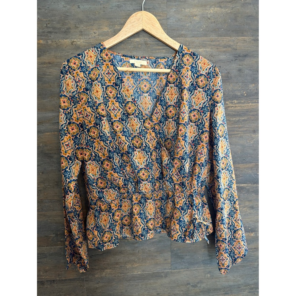 Tulle Womens Geometric Diamond Print Peplum Blouse Blue Orange IT2921 Large